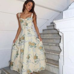 Elegant Floral Print Spaghetti Strap Midi Dress for Women